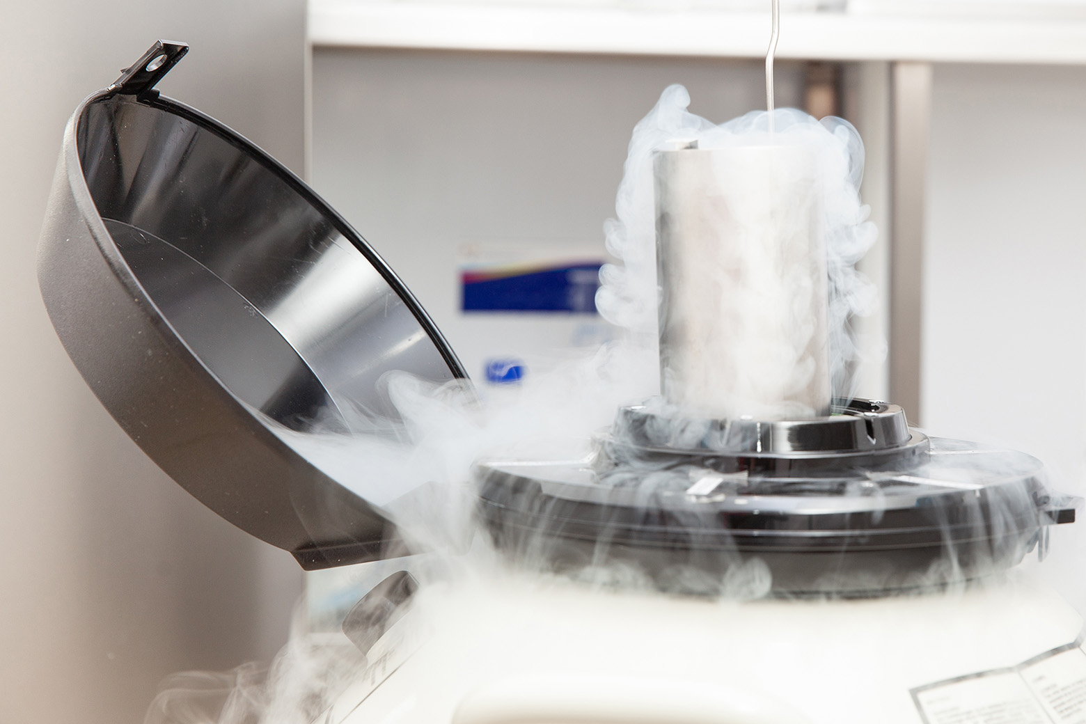 Liquid nitrogen cryogenic tank at life sciences laboratory: Steam of nitrogen created from liquid nitrogen exposed to ambient temperatures